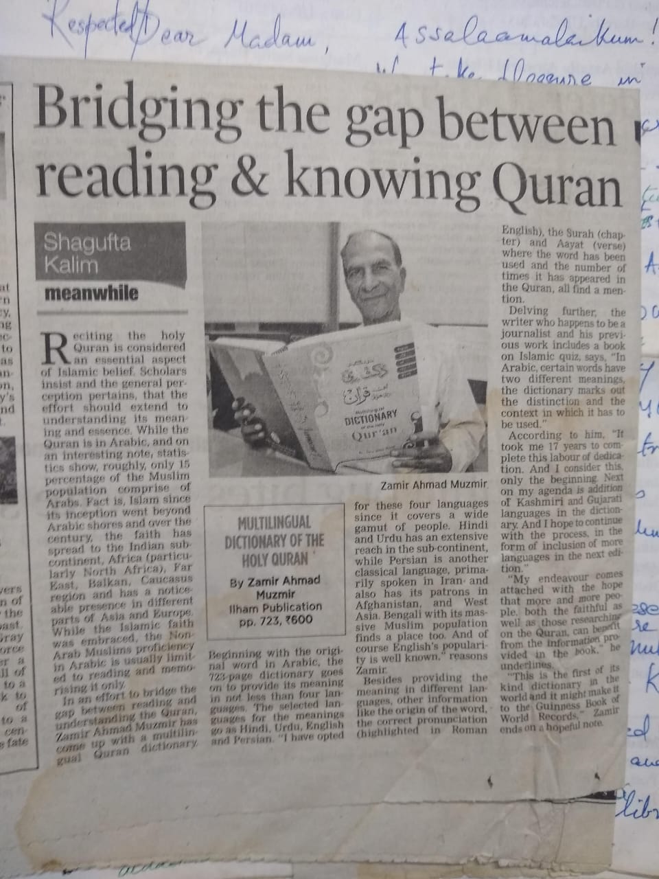 Newspaper article about Zamir Ahmed Muzmir